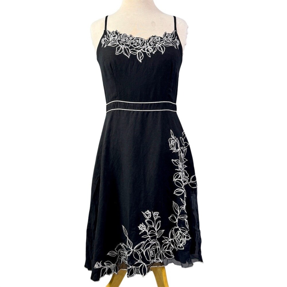 Vintage Yves Cossette Linen Blend Dress Womens Size 8 Floral Embroidered